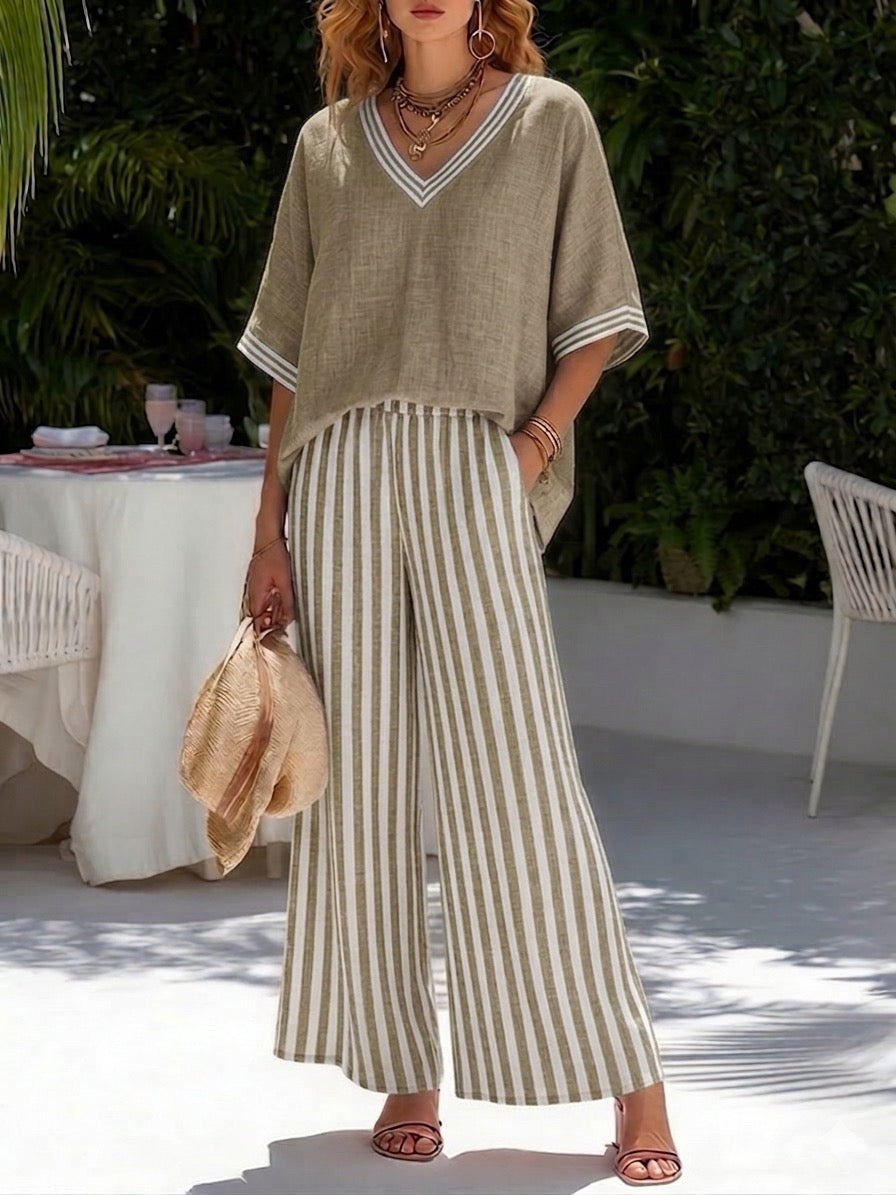 Ensemble Élégant en Lin-Coton Rayé Amelia