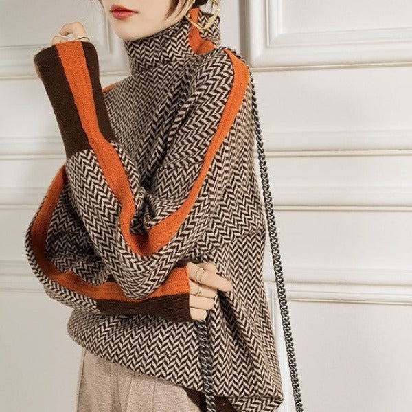 Clemence - Élégant Pull col roulé avec rayures contrastées