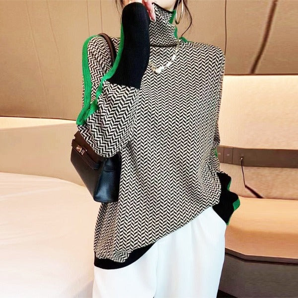 Clemence - Élégant Pull col roulé avec rayures contrastées