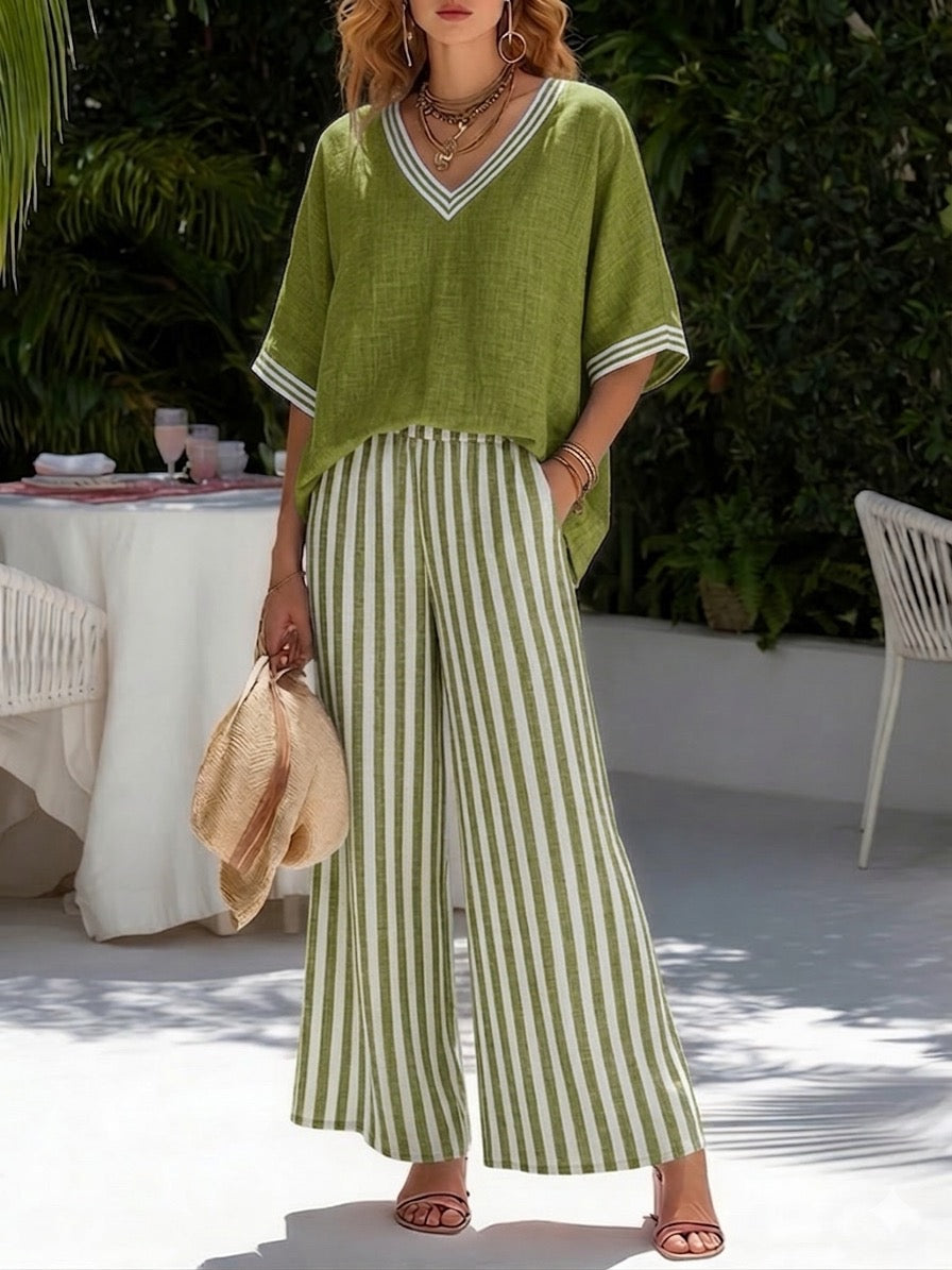Ensemble Élégant en Lin-Coton Rayé Amelia