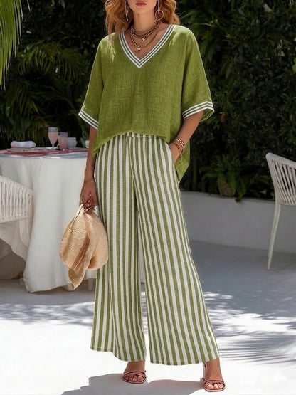 Ensemble Élégant en Lin-Coton Rayé Amelia