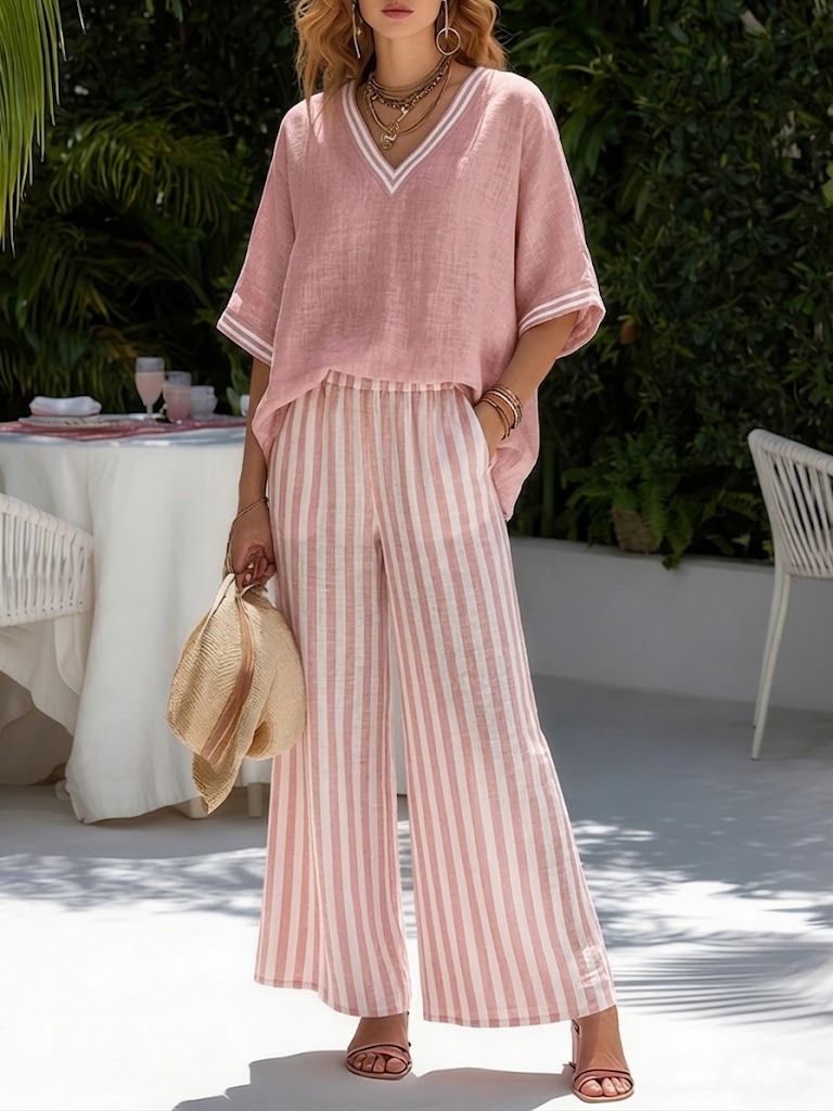 Ensemble Élégant en Lin-Coton Rayé Amelia